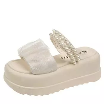 модные летние женские босоножки на высокой платформе, слипоны, 7 см, блестящие туфли, модные 2024, уличные сандалии на толстой подошве, пляжные повседневные шлепанцы для женщин 34 бежевый