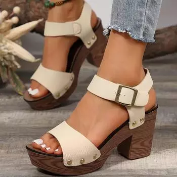Модные летние женские босоножки на высоком квадратном каблуке с толстой подошвой из искусственной кожи с металлической пряжкой, элегантные женские туфли Zapatos De Mujer 36 бежевый