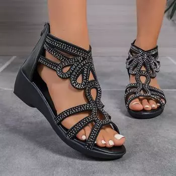 Модные летние женские босоножки с открытым носком, новые римские босоножки на платформе и танкетке с застежкой-молнией сзади, женские сандалии для отдыха на открытом воздухе, повседневные гладиаторские туфли для женщин 37 чёрный