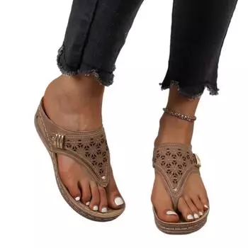 Модные летние женские босоножки SyfIyno на танкетке с ортопедическим носком и поддержкой свода стопы, женские нескользящие шлепанцы из искусственной кожи на мягкой платформе 36 светло-коричневого