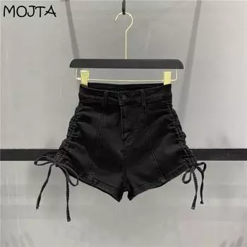 Модные летние женские джинсы, джинсовые шорты, свободные повседневные тонкие шорты со сборками, брюки S чёрный