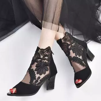 Модные летние женские кружевные сетчатые туфли для латинских танцев, сапоги на высоком каблуке 35 чёрный