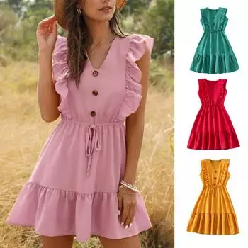 Модные летние женские платья с v-образным вырезом, драпировка, женское повседневное платье без рукавов с высокой талией