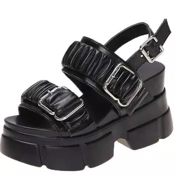 модные летние женские повседневные сандалии 9 см с открытым носком мягкие пляжные шлепанцы на танкетке толстые тапочки на высокой платформе с пряжкой шлепанцы сандалии женские 34 бежевый