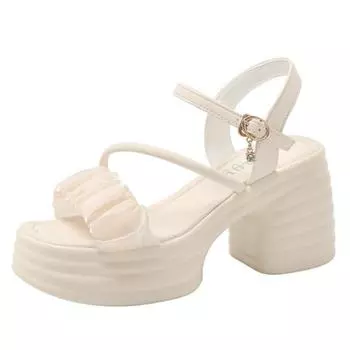 Модные летние женские сандалии 9 см с круглым носком, открытым носком, пряжкой на толстой подошве, водонепроницаемой платформе, удобные женские туфли на высоком каблуке 34 чёрный