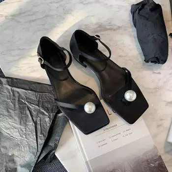 модные летние женские сандалии для отдыха на открытом воздухе, модный дизайн с жемчугом, офисная и праздничная одежда в британском стиле, повседневные женские туфли на плоской подошве, размер 41-43 35 чёрный