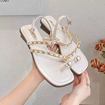 Модные летние женские сандалии для отдыха на открытом воздухе 2024 года в корейском стиле с металлической цепочкой Тапочки для вечеринок на высоком каблуке Женская повседневная обувь Бесплатная доставка 35 слоновая кость