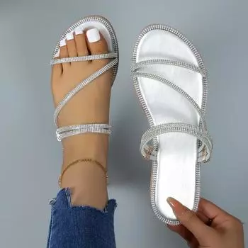 модные летние женские сандалии на плоской подошве блестящие тапочки со стразами модные женские пляжные тапочки повседневная обувь без застежек шлепанцы 36 шампанского