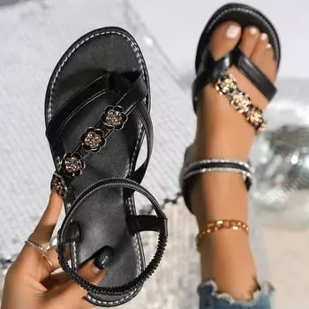 Модные летние женские сандалии на плоской подошве, повседневная пляжная обувь в римском стиле, шлепанцы для женщин, роскошная женская обувь Sandalias De Mujer 36 чёрный