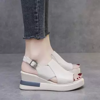 Модные летние женские сандалии на танкетке, кожаные удобные однотонные мягкие туфли на платформе для женщин 2024 Sandalias Chaussure Femme 38