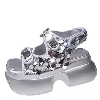 модные летние женские сандалии на толстой подошве из блестящей кожи с высокой платформой, дышащие повседневные тапочки, женские туфли на каблуке 8 см, кроссовки на танкетке 34