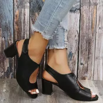 модные летние женские сандалии однотонные на толстом среднем каблуке повседневные туфли в стиле ретро с ремешком сзади универсальные черные сандалии без застежек Mujer Verano 2024 36 чёрный
