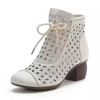 Модные летние женские сапоги из воловьей кожи, босоножки на высоком каблуке, дышащие, в стиле ретро, ботильоны 35