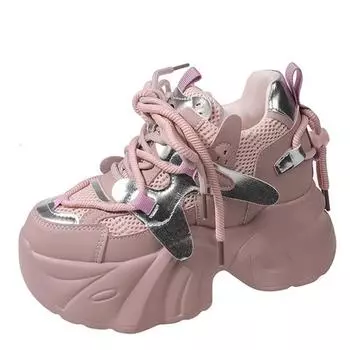 Модные летние женские сетчатые кроссовки, новые повседневные кроссовки на платформе, массивные туфли на каблуке 7 см, дышащие туфли на танкетке, увеличивающие рост, для женщин 34 бежевый