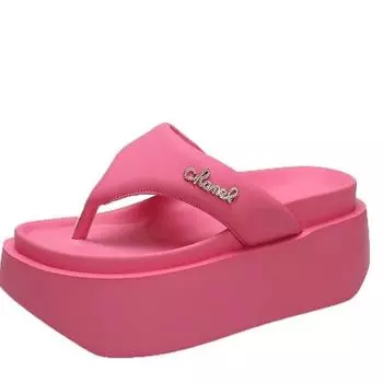 Модные летние женские шлепанцы на толстой подошве, пляжная обувь 2024 года, женские туфли на танкетке, кожаные тапочки, женские шлепанцы на платформе, сандалии для улицы 8 см 34 бежевый