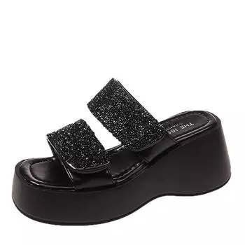 Модные летние женские тапочки 2024 года, новые универсальные, с толстой подошвой, противоскользящие, удобные, с блестками, на каблуках 8 см, домашние, пляжные тапочки 34 бежевый