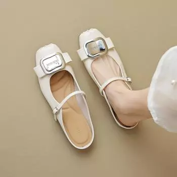 Модные летние женские тапочки для улицы 2024 года в корейском стиле с металлическими украшениями Мюли Мэри Джейн Женские повседневные туфли на плоской подошве Бесплатная доставка 35 чёрный