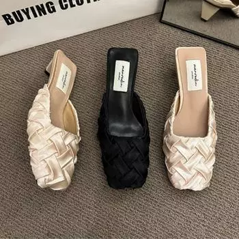 Модные летние женские тапочки-мюли Модные и элегантные легкие тапочки с квадратным носком Женские уличные платья Сандалии на низком каблуке 35 бежевый