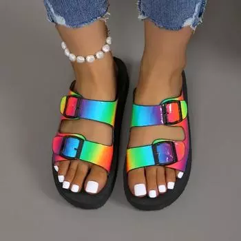 Модные летние женские тапочки на открытом воздухе с пряжкой, декоративная платформа, женская обувь 2024 года, брендовые радужные водонепроницаемые инновационные тапочки 36