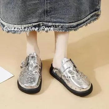 Модные летние женские тапочки на платформе с заклепками в стиле панк-рок, кожаные мюли с креативной металлической фурнитурой, повседневные туфли для вечеринок, женские уличные тапочки 35 серебряный