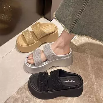 Модные летние женские тапочки на танкетке со стразами, босоножки на платформе, модные тапочки с открытым носком, увеличивающие рост, женские пляжные сандалии 4.5