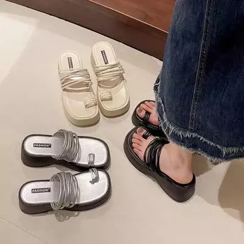 модные летние женские тапочки на толстом каблуке, модные элегантные туфли на платформе с застежкой-молнией, женские повседневные пляжные сандалии для отдыха на открытом воздухе 35 бежевый