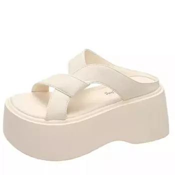 модные летние женские тапочки пляжные шлепанцы женские толстые кожаные туфли на танкетке уличные сандалии женские тапочки на высокой платформе 8 см 34 бежевый