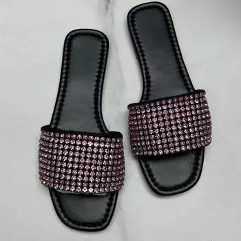 Модные летние женские тапочки по акции. Плоская подошва. Роскошные дизайнерские блестящие стразы. Женская обувь. Уличные блестящие повседневные женские тапочки. 37 синий