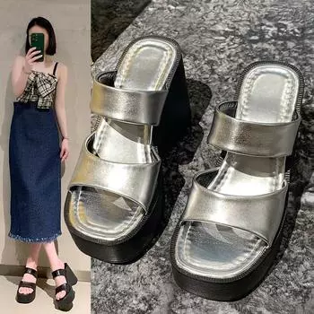 Модные летние женские тапочки с круглым носком на платформе для женщин с открытым носком на танкетке, уличные тапочки на высоком каблуке без застежек, повседневные тапочки 34 чёрный