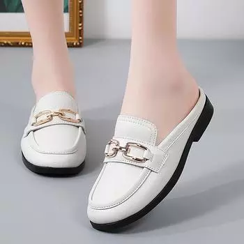 Модные летние женские тапочки с металлической пряжкой, новый стиль, на толстом каблуке, тонкие тапочки Baotou Half 2024 35 бежевый