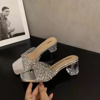 модные летние женские тапочки сандалии 2024 года с открытым носком удобные женские тапочки с пайетками нескользящие туфли на квадратном каблуке женская обувь 35 чёрный