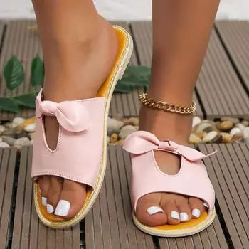 модные летние женские тапочки туфли симпатичные бабочки-узлы балетки повседневные сандалии однотонные пляжные сандалии 36 чёрный