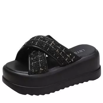 модные летние женские толстые тапочки 2024 пляжные шлепанцы туфли на танкетке женские тапочки на высокой платформе уличные сандалии 8 см шлепанцы 34 бежевый