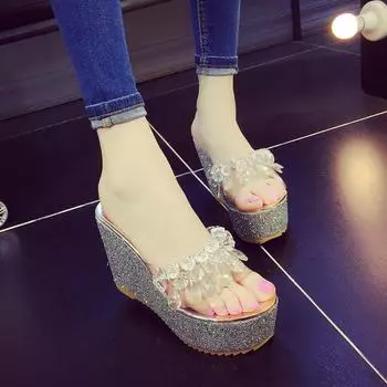 модные летние женские туфли на танкетке со стразами на платформе с открытым носком, увеличивающие рост, сексуальные женские туфли на мягкой подошве Zapatos De Mujer 35 серебряный