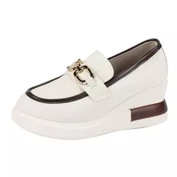 Модные лоферы с цепочным дизайном, увеличивающие рост, женские туфли на толстой подошве для отдыха, туфли из искусственной кожи, классические туфли на плоской подошве с закрытым носком 35 бежевый