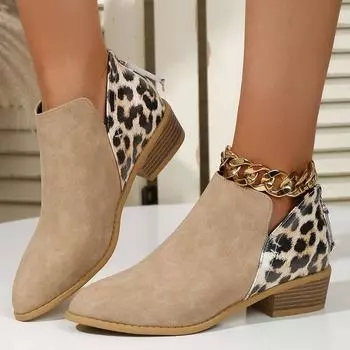 Модные лоскутные ботильоны с леопардовым принтом, женские короткие сапоги на низком каблуке с молнией сзади, женские осенние ботильоны с острым носком 2024, большие размеры 43 36