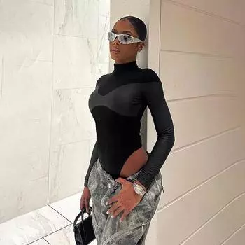 Модные лоскутные комбинезоны из искусственной кожи с длинным рукавом, женские обтягивающие сексуальные черные повседневные комбинезоны с высоким воротом, уличные облегающие женские базовые боди 25838 S чёрный