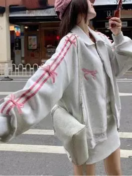 Модные лоскутные комплекты из двух предметов с милым бантом, женские топы с карманами в стиле каваи + мини-юбки-трапеции, женские повседневные тонкие элегантные стильные костюмы для прогулок M серый