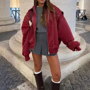 Модные лоскутные пальто с длинным рукавом, винтажная красная кожаная куртка на молнии для женщин, осень-зима, женская повседневная верхняя одежда S красный