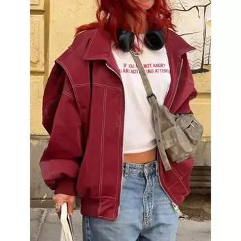 Модные лоскутные пальто с длинным рукавом, винтажная красная кожаная куртка на молнии для женщин, осень-зима, женская повседневная верхняя одежда S красный