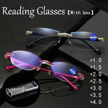 Модные маленькие безрамные очки для чтения с защитой от синего света, женские и мужские квадратные очки без оправы для пресбиопии, диоптрии + 1,0 + 1,5 + 2,0 + 2,5 + 3,0 + 3,5 + 4,0 с футляром +1.0 чёрный