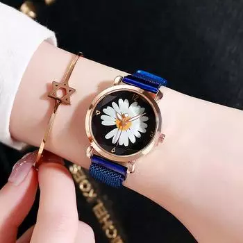 Модные маленькие часы с маргаритками в корейском стиле, интернет-знаменитость, тот же магнитный сетчатый ремень, женские часы для девушек красный