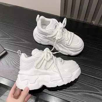 Модные массивные кроссовки для женщин весна-осень для отдыха спортивная обувь на шнуровке сетчатая дышащая 7,5 см толстая подошва легкая удобная обувь 35 белый