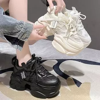 Модные массивные кроссовки, женские летние спортивные туфли на платформе со шнуровкой, женские кроссовки на высоком каблуке 8 см с толстой подошвой 34 белый