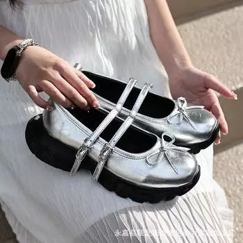 Модные массивные туфли-лодочки Mary Jane для женщин 2024 года, летние балетки с круглым носком и блестящим серебром 35 чёрный