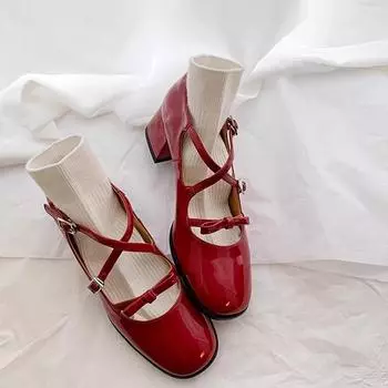 Модные массивные туфли-одиночки Весна Новые квадратные туфли с неглубоким воротом и металлической пряжкой на ремешке с нескользящим высоким каблуком 35