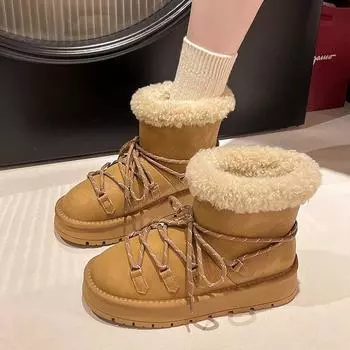 Модные меховые балетки Ботильоны для снега Зимние теплые плюшевые туфли на среднем каблуке Кожаные туфли Повседневные кроссовки 2024 года Тренд Уютная спортивная обувь Модные ботинки Mujer 35 бежевый