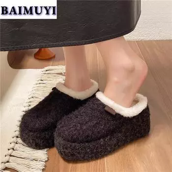 модные меховые балетки на платформе женские хлопковые тапочки модная обувь 2025 тренд зимние короткие плюшевые шлепанцы с открытой пяткой повседневные женские туфли 35 чёрный