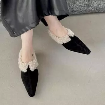 модные меховые балетки женские туфли с острым носком брендовые замшевые плюшевые хлопковые туфли тренд 2025 осенняя мода уютные повседневные туфли сексуальные zapatos mujer 35 чёрный