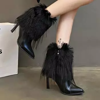 Модные меховые ботильоны на высоком каблуке, зимние ботинки с острым носком, зимняя обувь 2025 года, элегантная обувь для вечеринок, модные сексуальные туфли-лодочки Botas Mujer 35 бежевый
